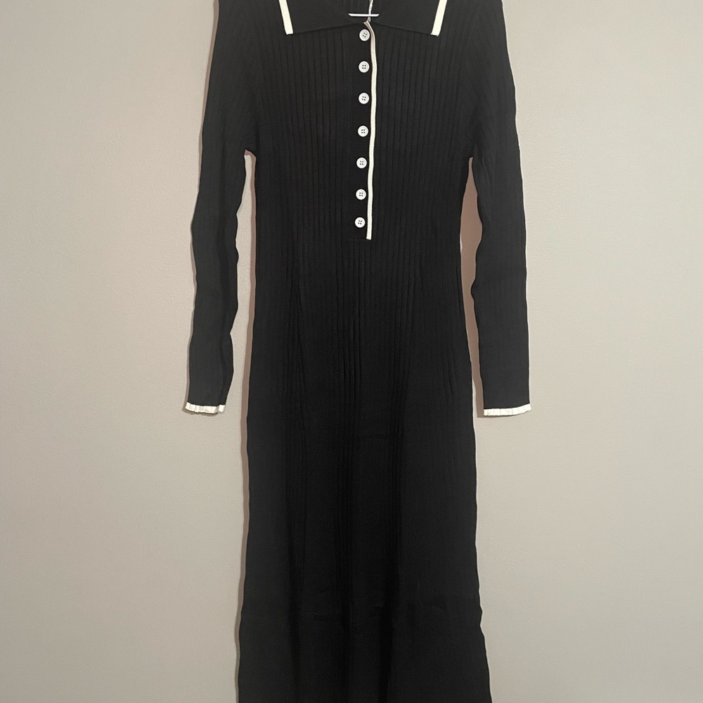 PrettyGarden Black Long-Sleeve Rib Knit Polo Dress with White Trim Medium BNWT